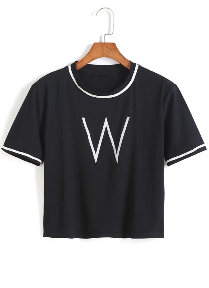 Romwe W Print Black T-shirt