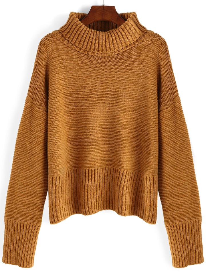 Romwe Women Turtleneck Loose Khaki Sweater