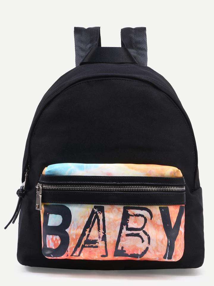 Romwe Black Contrast Letter Print Pocket Front Canvas Backpack