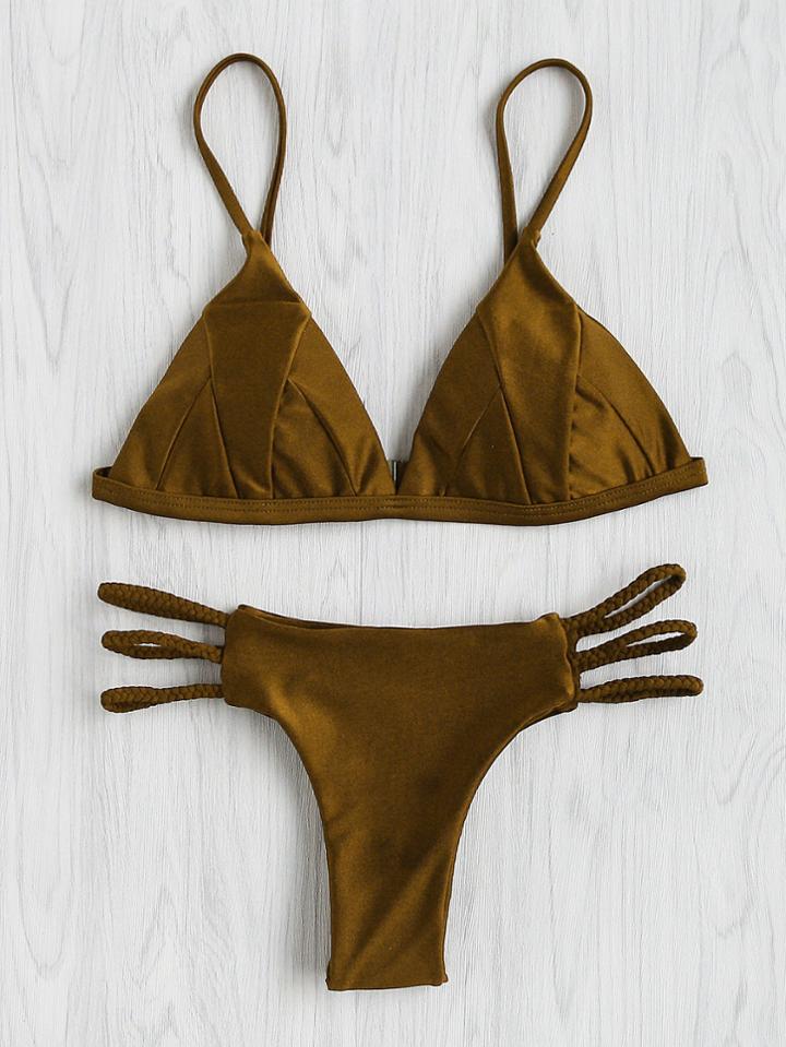 Romwe Braided Strap Seam Bikini Set