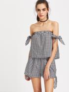 Romwe Self Tie Gingham Bardot Top And Shorts Set