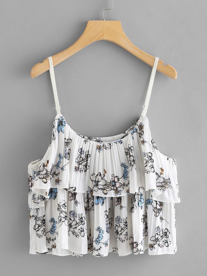 Romwe Flower Print Ruffle Cami Top