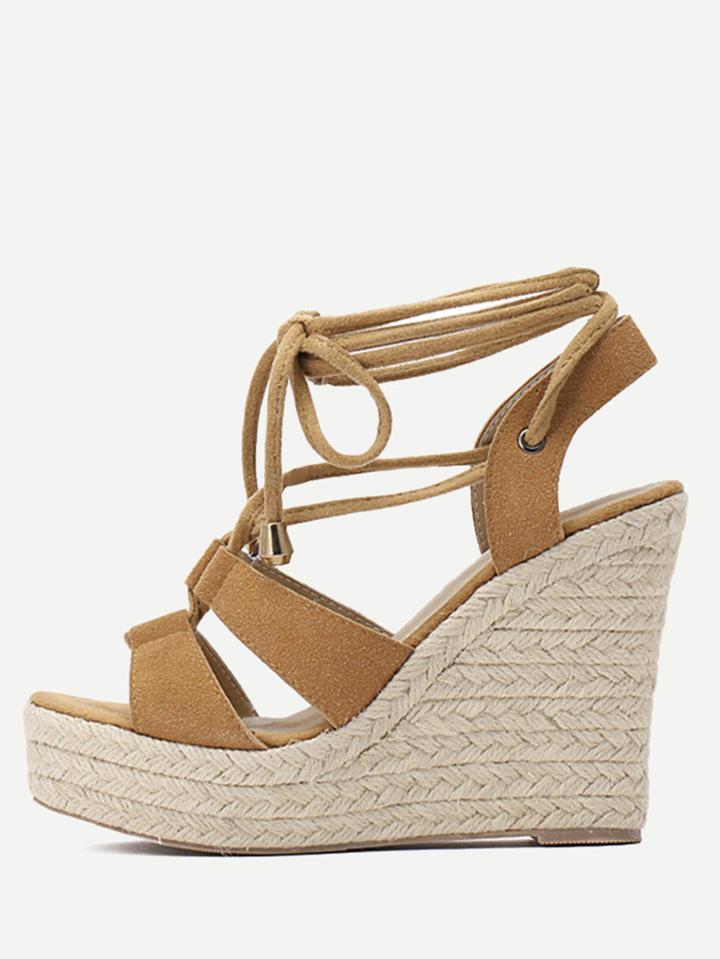 Romwe Brown Peep Toe Lace-up Espadrille Wedges