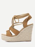 Romwe Brown Peep Toe Lace-up Espadrille Wedges