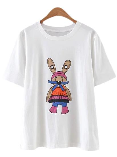 Romwe White Short Sleeve Rabbit Print Casual T-shirt