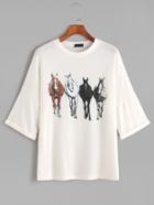 Romwe White Horse Print Drop Shoulder Cuffed Knit T-shirt