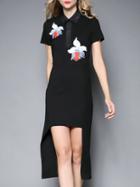 Romwe Black Lapel Short Sleeve Embroidered High Low Dress