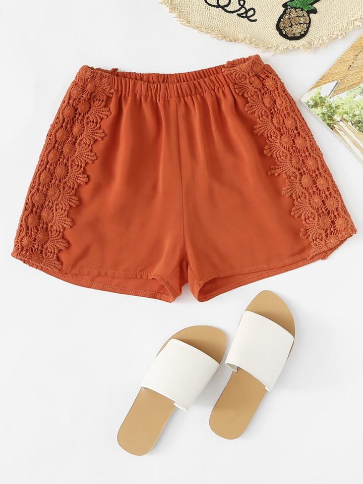 Romwe Elastic Waist Crochet Panel Shorts