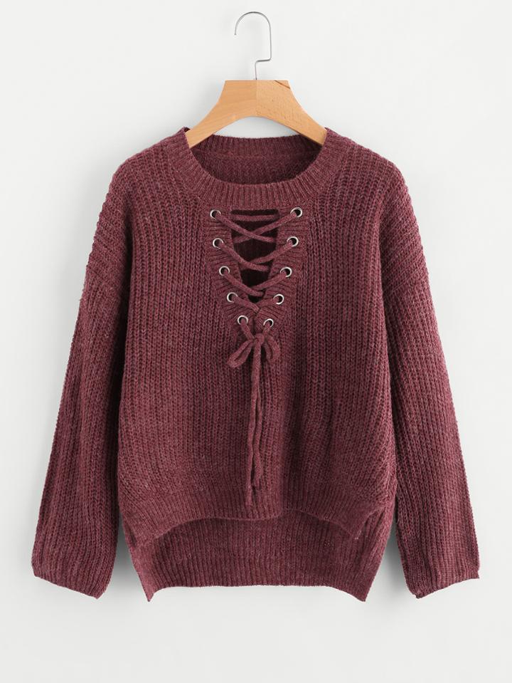 Romwe Eyelet Lace Up Dip Hem Sweater
