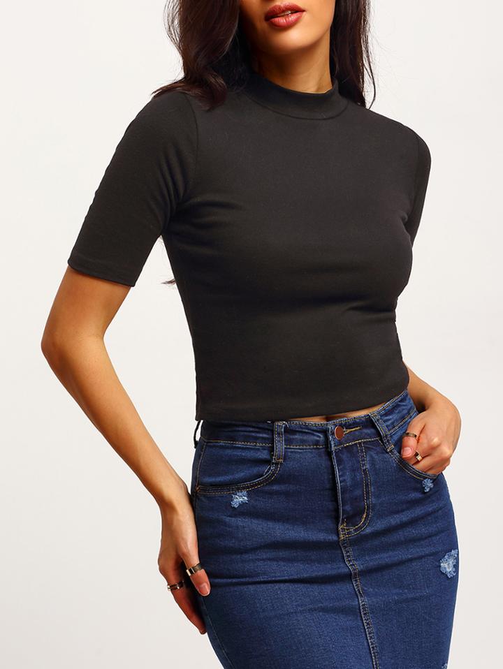 Romwe Mock Neck Crop Black T-shirt