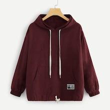 Romwe Patched Kangaroo Pocket Drawstring Hem Hoodie