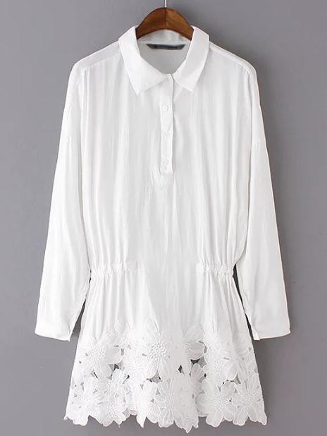 Romwe White Lapel Buttons Elastic Waist Dress