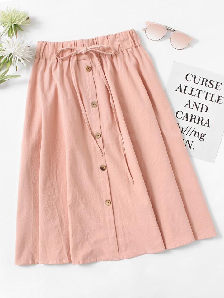 Romwe Drawstring Waist Button Front Skirt