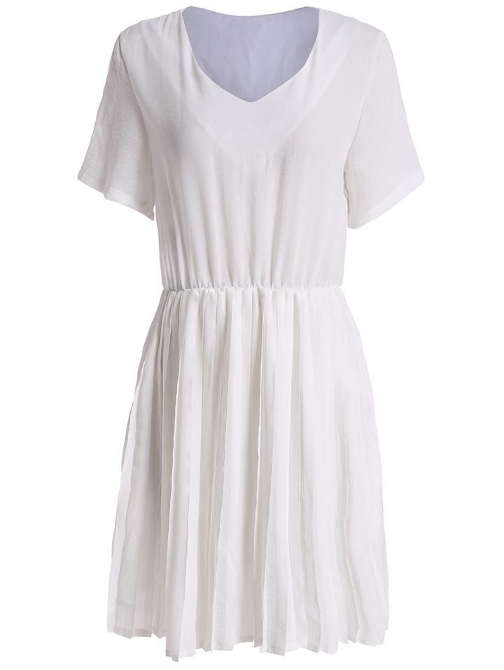 Romwe V Neck Short Sleeve Pleated Dress