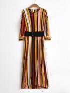 Romwe 3/4 Sleeve Vertical Striped Dress With Belt
