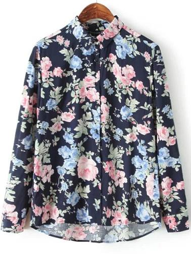 Romwe Blue Lapel Dipped Hem Floral Blouse
