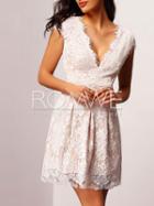 Romwe White Plunge Cap Sleeve Lace Embroidered Dress