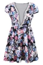 Romwe With Pearl Deep Plunge Neck Florals Dress