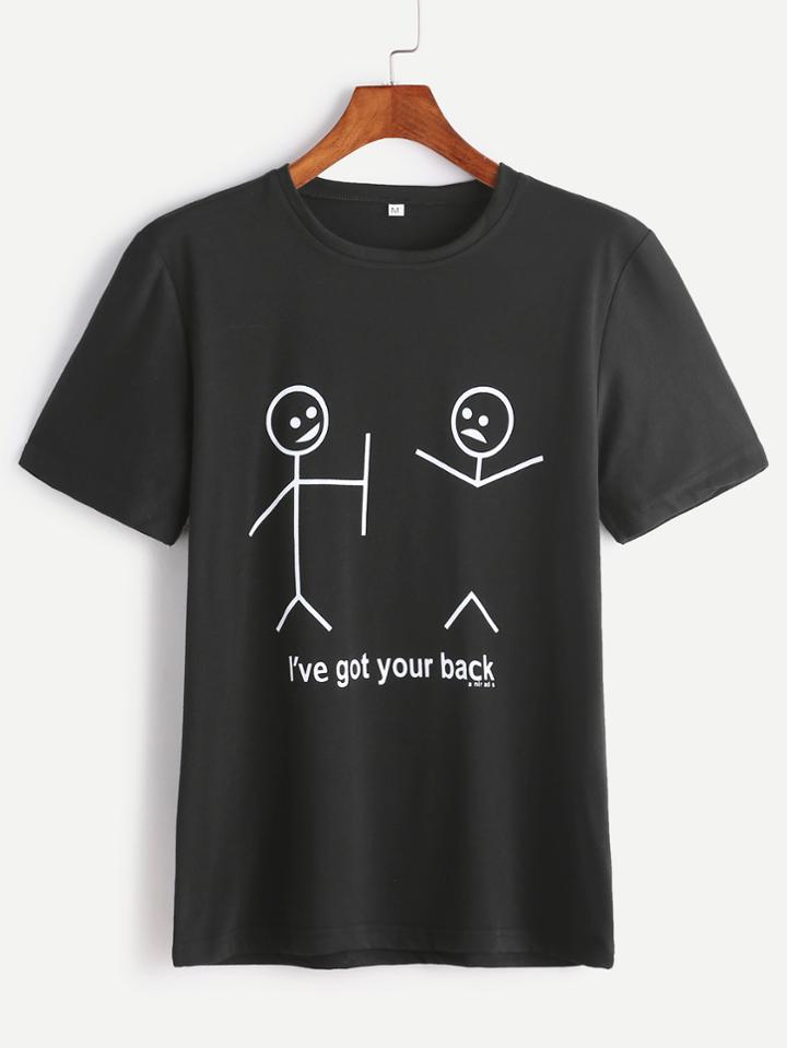 Romwe Black Cartoon Slogan Print T-shirt