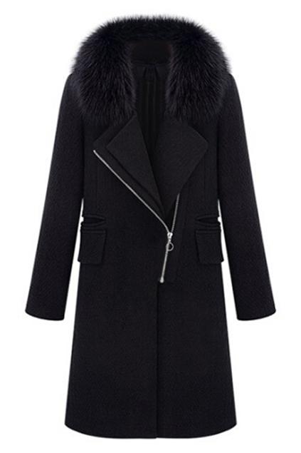 Romwe Faux Fur Black Zippered Coat