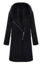 Romwe Faux Fur Black Zippered Coat