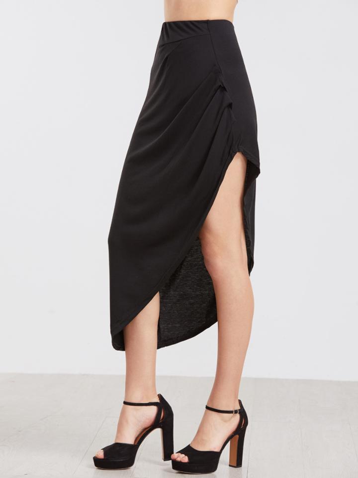 Romwe Black Ruched Asymmetrical Skirt