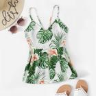 Romwe Flamingo And Leaf Print Knot Back Cami Top