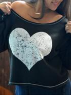 Romwe Heart Print Crop Loose Black T-shirt