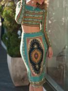 Romwe Long Sleeve Crop Tp With Vintage Print Skirt