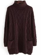 Romwe Turtleneck Cable Knit Pockets Brown Sweater