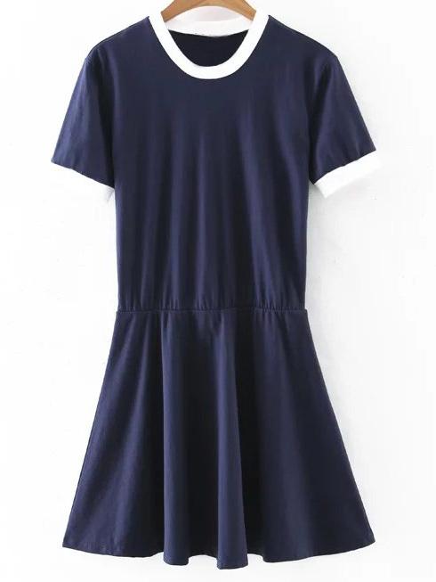 Romwe Navy Short Sleeve Knit Skater Dress