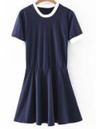 Romwe Navy Short Sleeve Knit Skater Dress