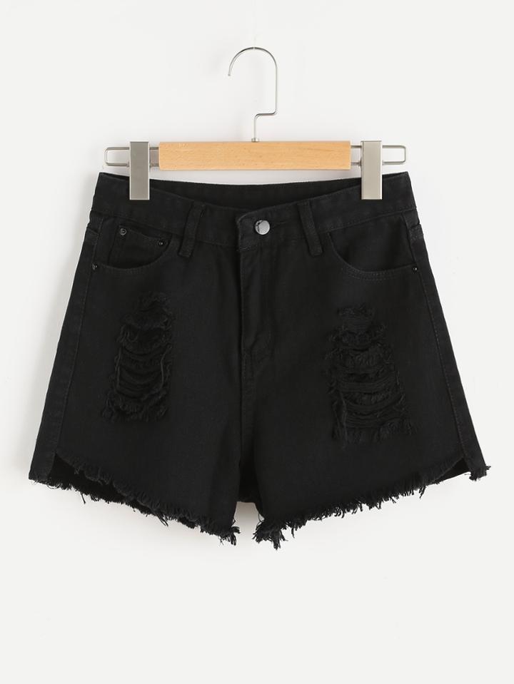 Romwe Destroyed Raw Cut Fray Hem Denim Shorts