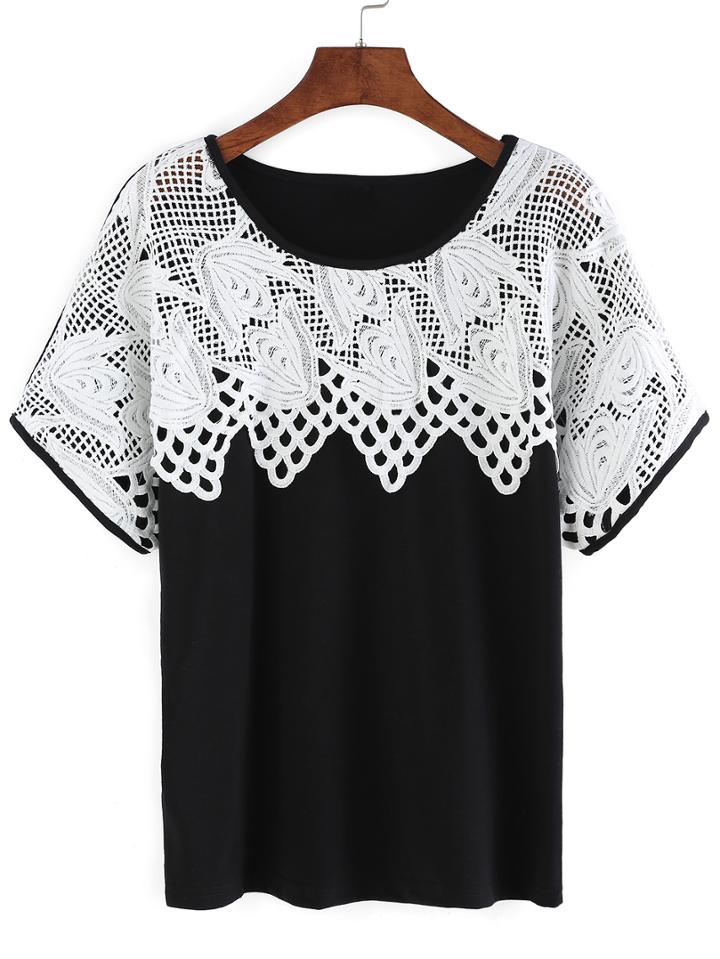 Romwe Contrast Lace Inset T-shirt