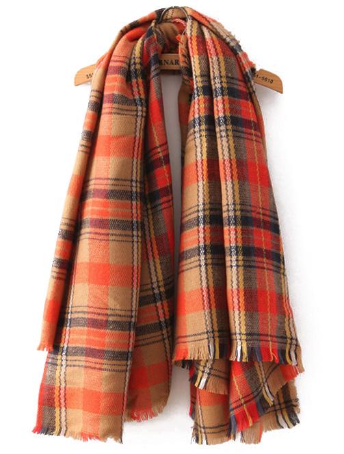 Romwe Check Print Tassel Orange Scarf