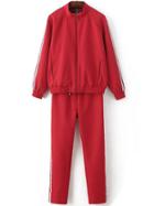 Romwe Red Striped Zipper Jacket With Drawstring Pants