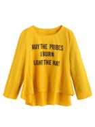 Romwe Mustard Yellow Letters Print Dip Hem T-shirt