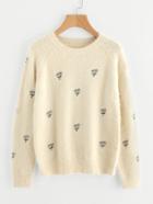 Romwe Raglan Sleeve Daisy Embroidered Fluffy Jumper