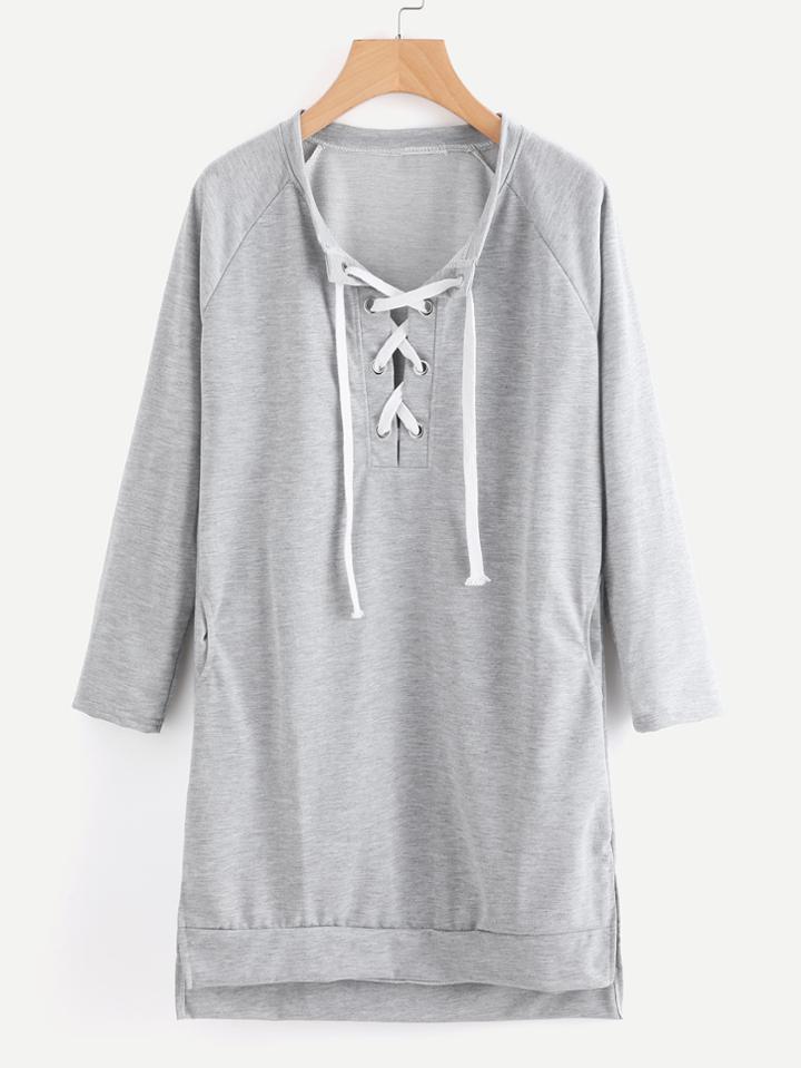 Romwe Eyelet Lace Up Dip Hem Sweatshirt Dress