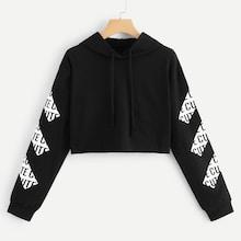 Romwe Letter Print Sleeve Drawstring Hoodie