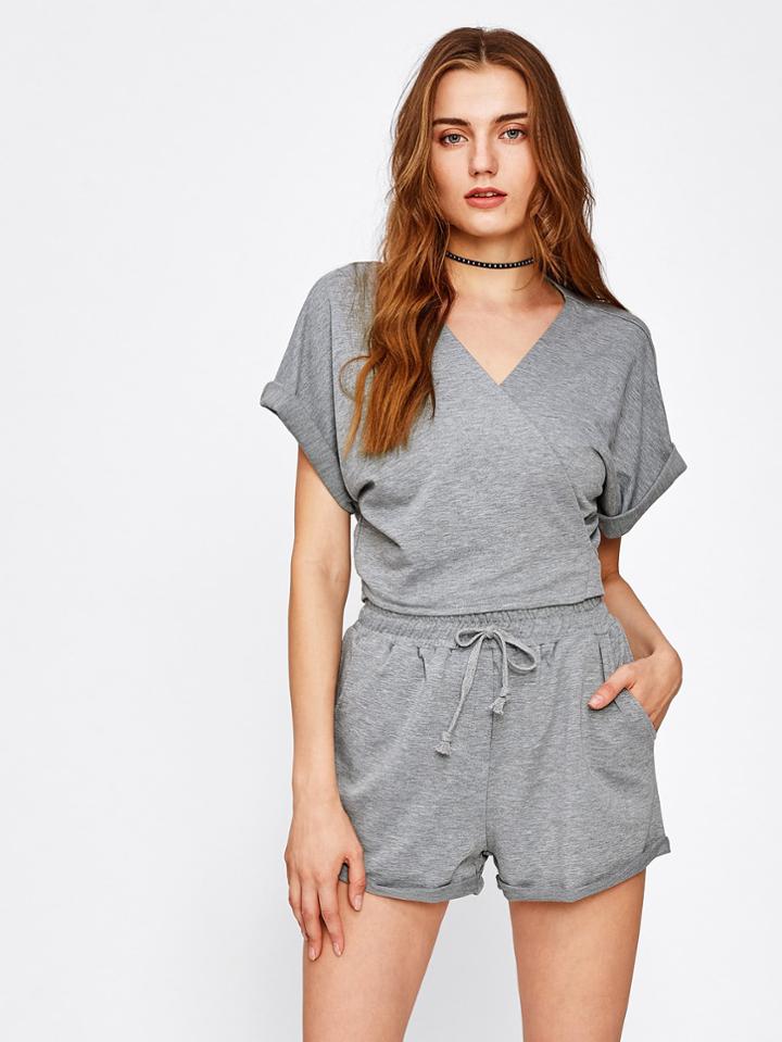 Romwe Surplice Front Cuffed Top With Drawstring Shorts