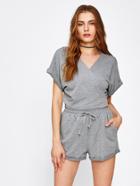 Romwe Surplice Front Cuffed Top With Drawstring Shorts