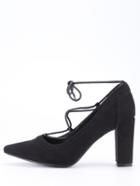 Romwe Faux Suede Lace-up Pointed Toe Heels - Black