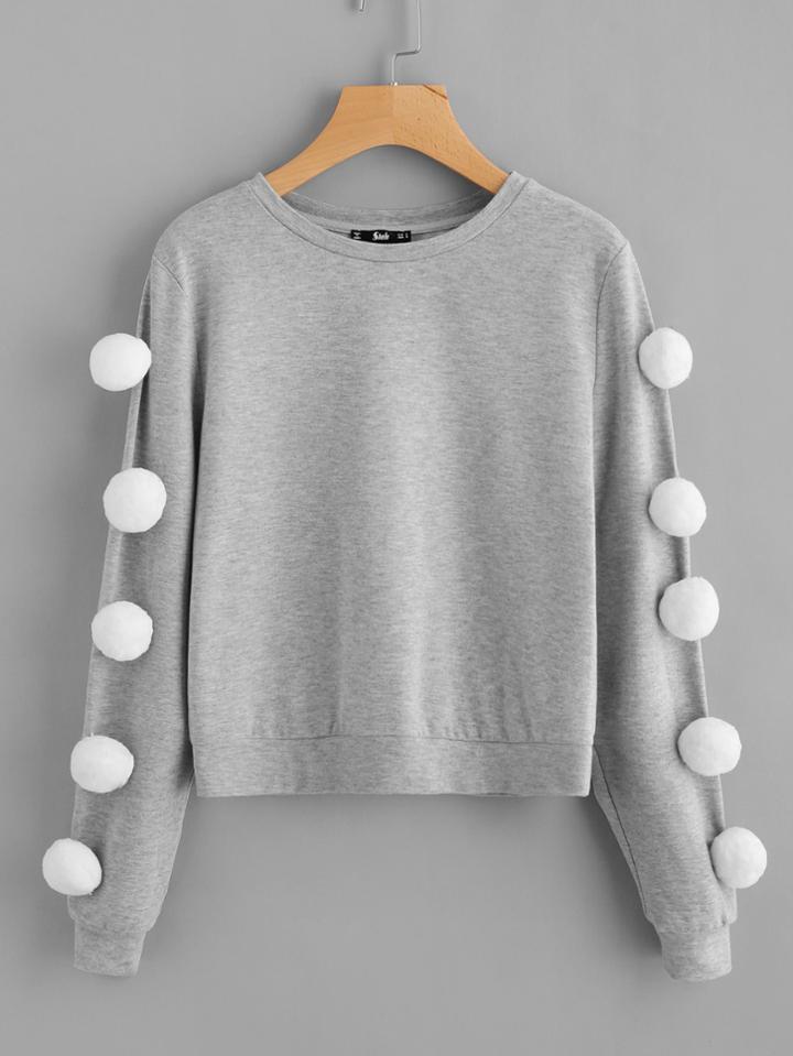 Romwe Pom Pom Sleeve Heather Knit Sweatshirt