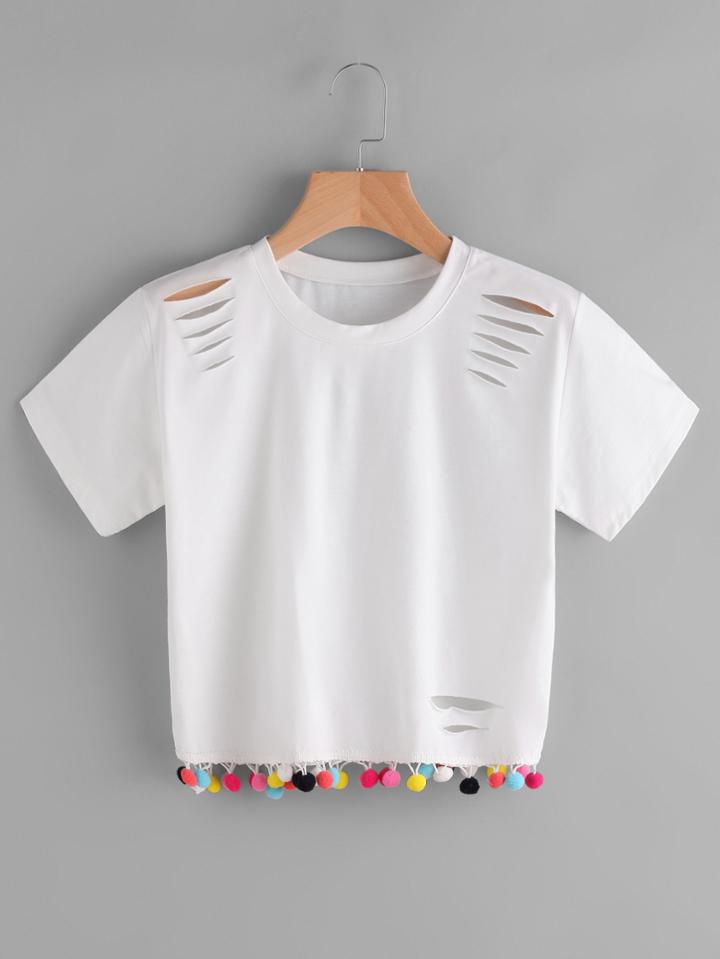 Romwe Cut Out Ripped Pom Pom Hem Tee