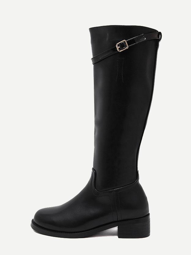 Romwe Black Faux Leather Buckle Strap Side Zipper Knee High Boots
