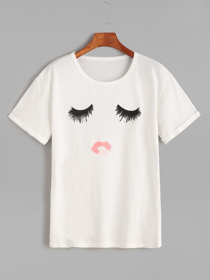 Romwe White Eye Print Roll Cuff T-shirt