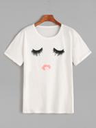 Romwe White Eye Print Roll Cuff T-shirt