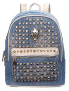 Romwe Light Blue Zipper Studded Skull Denim Backpack