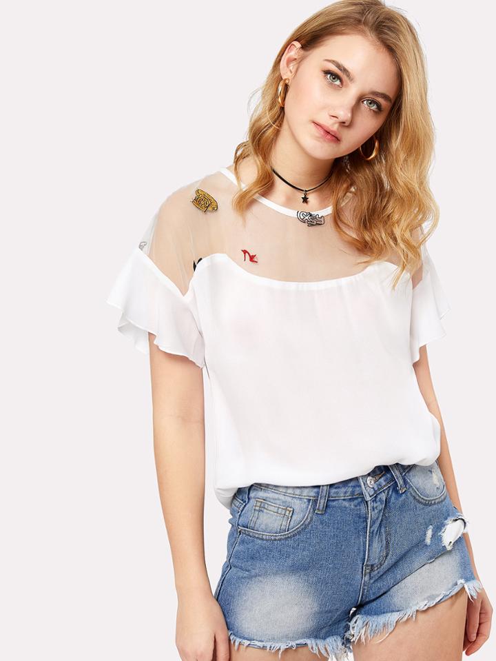 Romwe Embroidery Mesh Yoke Blouse